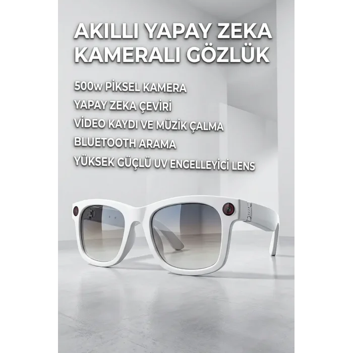 Beyaz Aı Akıllı Gözlük No 27 Kameralı Bluetooth Yapay Zeka Çeviri Ve Ses Kayıt Özellikli