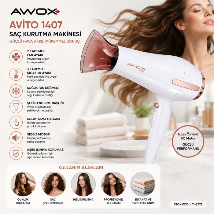 BEYAZ AVİTO SAÇ KURUTMA MAKİNESİ 2200W 1407 (5047)