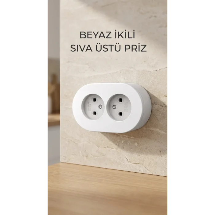 Beyaz İkili Sıva Üstü Dekoratif Topraklı Elektrik Prizi