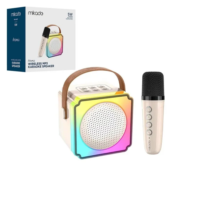 BEYAZ KARAOKE MİKROFONLU WİRELESS HOPARLÖR - SPEAKER IŞIKLI USB ŞARJLI BT - TF CARD - AUX 5W (5047)