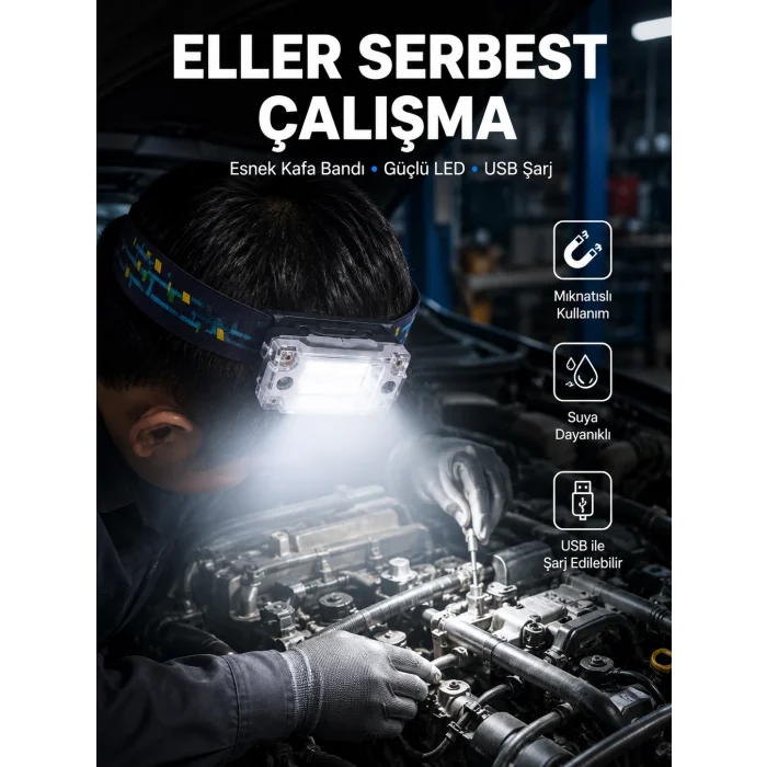 Beyaz Led Işık Sensörlü Kafa Lambası Lityum Batarya Led El Fenerli Şarjlı