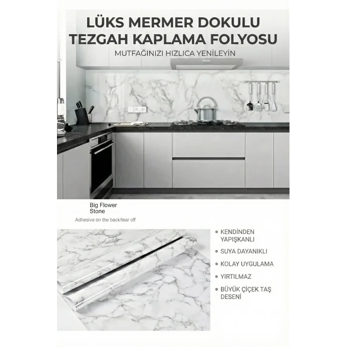 Beyaz Mermer Desenli Yapışkanlı Tezgah Folyosu (3 mt.x 60 cm)