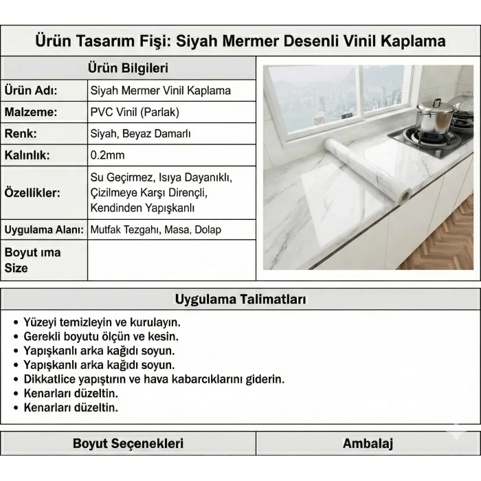 Beyaz Mermer Desenli Yapışkanlı Tezgah Folyosu (3 mt.x 60 cm)