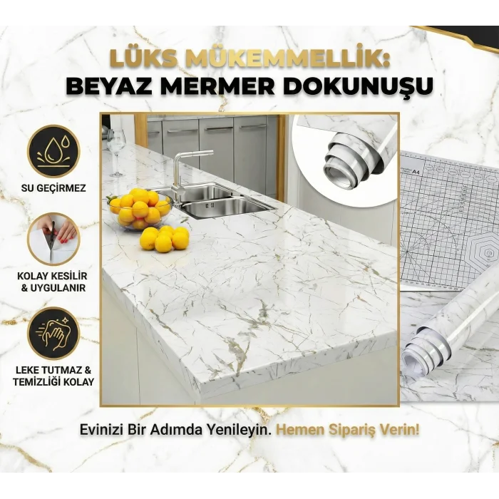 Beyaz Mermer Desenli Yapışkanlı Tezgah Folyosu (3 mt.x 60 cm)