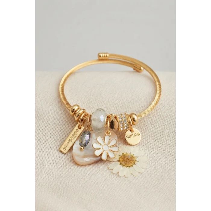 Beyaz Papatya Model Gold Renk Charmlı Bileklik
