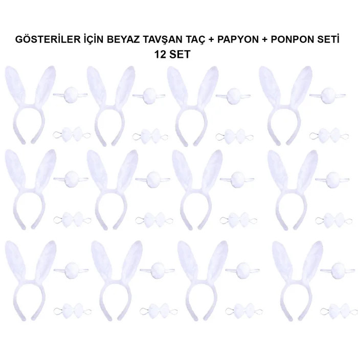 Beyaz Tavşan Kostüm Seti – Taç, Papyon, Kuyruk (12’li Paket)