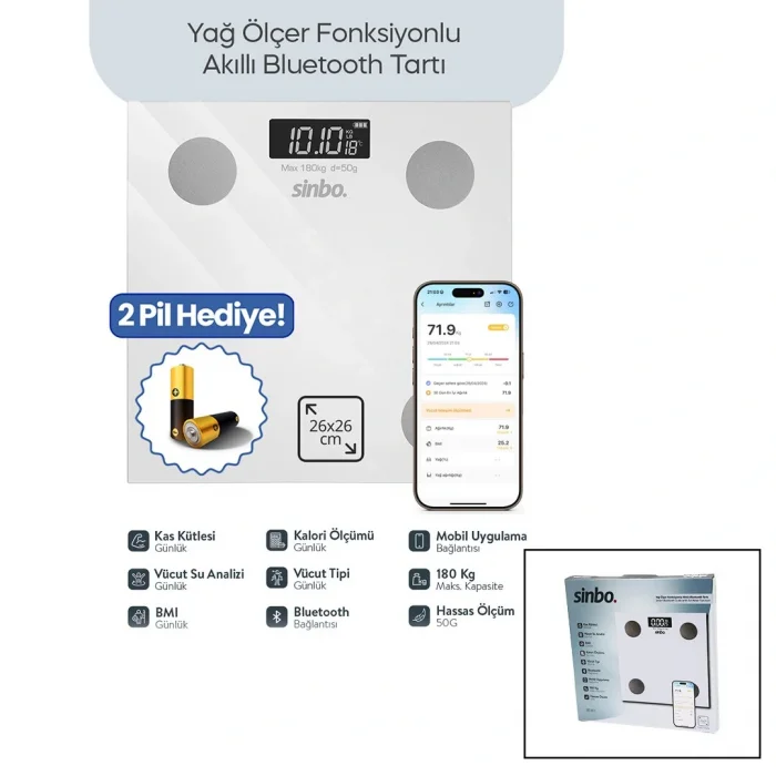 BEYAZ YAĞ ÖLÇER AKILLI BLUETOOTH CAM BASKÜL PİLLİ 180KG/50GR 26X26CM 8-KİŞİ HAFIZA LCD EKRAN ℃ GÖSTERGE SBS-4472 (5047)