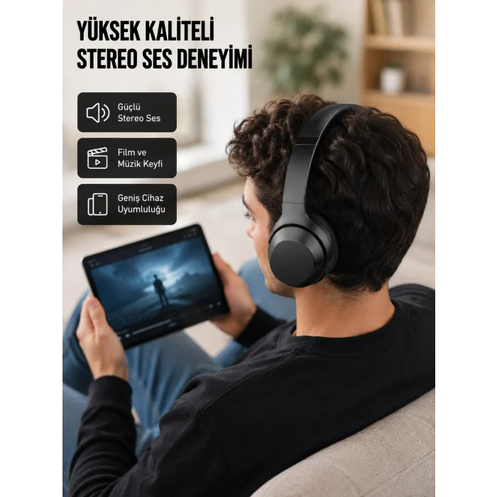 Bluetooth 5.0 Siyah Kablosuz Kulaklık 18 Saat Batarya Katlanabilir Tasarım Yeni Nesil