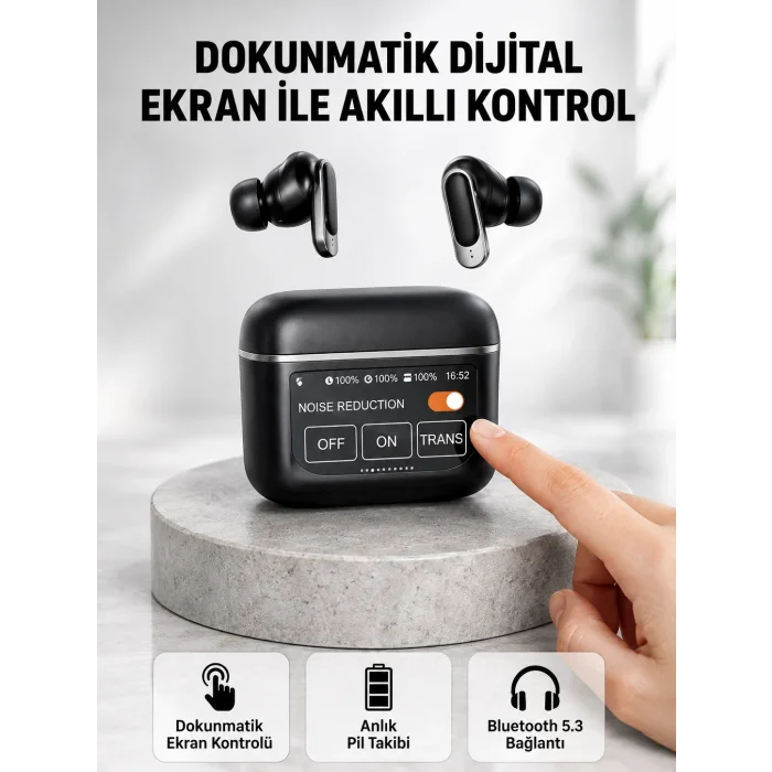 Bluetooth 5.3 ANC Kablosuz Kulaklık – Dokunmatik Kontrol, Dijital Ekran ve Uzun Pil Ömrü