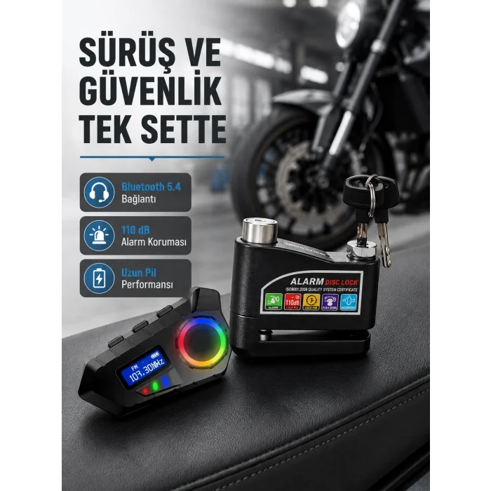 Bluetooth 5.4 İntercom ve Alarmlı Disk Kilidi Seti Güçlü Ses ve Güvenlik