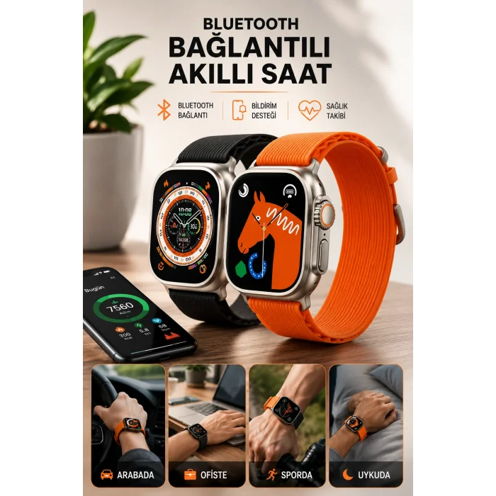 Bluetooth Bağlantılı 49MM Dokunmatik Akıllı Saat Sağlık ve Spor Takip Özellikli