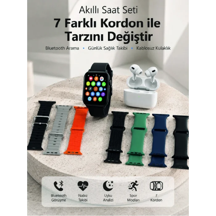 Bluetooth Görüşme Destekli Akıllı Saat Seti Kablosuz Kulaklık, 7 Kordon ve Çoklu Spor Modu