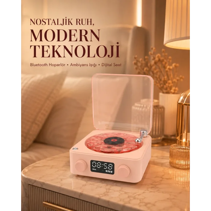 Bluetooth Hoparlörlü Gece Lambası Dijital Saatli Şeffaf Su Dalgası Işıklı Dekoratif