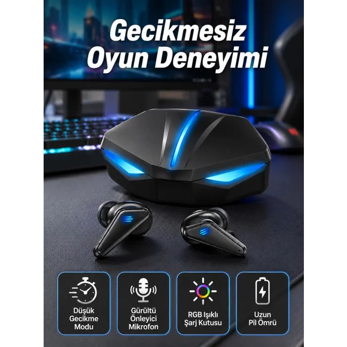 Bluetooth Kulaklık Oyuncu Kulaklığı RGB Işıklı Oyunlarda Düşük Gecikme