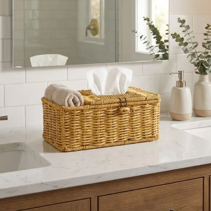 Bölmeli Kapaklı Doğal Rattan Görünümlü Hasır Makyaj, Takı ve Havlu Düzenleyici – Peçetelikli Çok Amaçlı Masaüstü Organizer Sepet (5047)