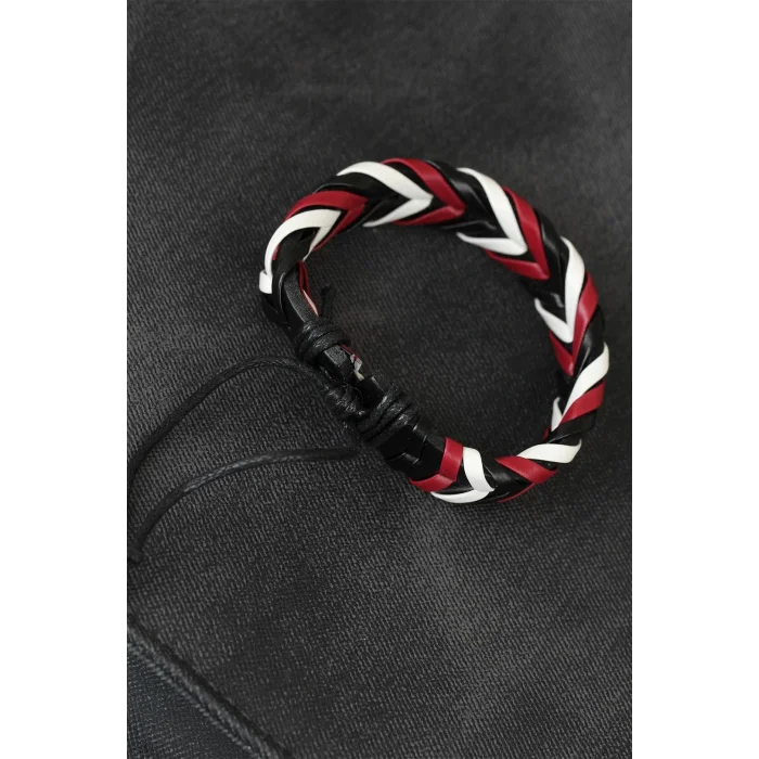 Bordo Beyaz Siyah Örgü Deri Erkek Bileklik