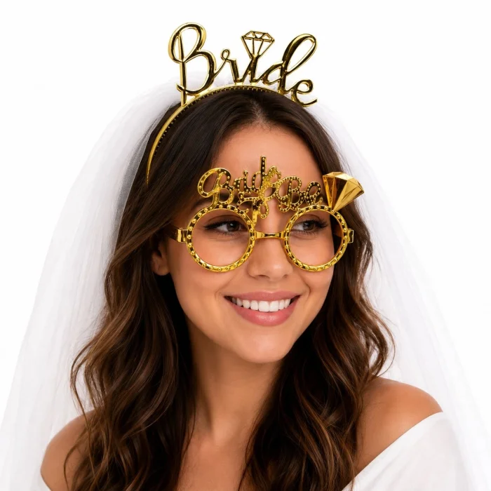 Bride Yazılı Gold Taç ve Parti Gözlüğü Seti (5047)