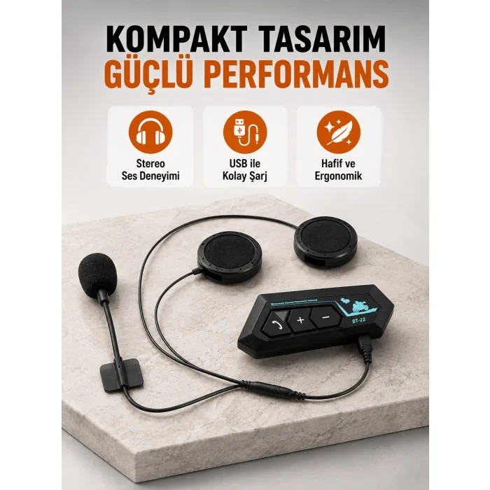BT22 Kablosuz Kask Kulaklığı – Bluetooth 5.0, Intercom, Su Geçirmez ve Uzun Ömürlü Batarya Yeni Nesil