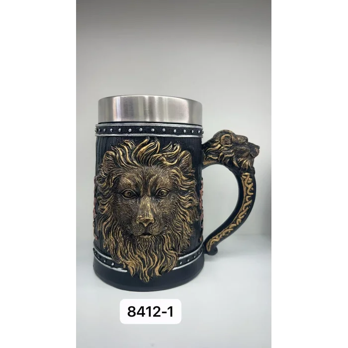 Büyük Boy Aslan Motifli Çelik Kupa Bardak Kod 8412-1