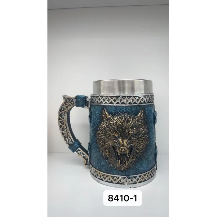 Büyük Boy Mavi Kurt Motifli Çelik Kupa Kod 8410-1