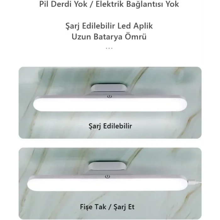 Cabınet Şarjlı Kolay Taşınabilir Mıknatıslı Led Işık Kablosuz Kademeli 3 Renk Aplik (5047)