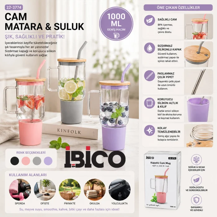 CAM 1000ML MATARA - SULUK BAMBU KAPAK - SIZDIRMAZ SİLİKONLU ÇELİK PİPET KORUYUCU SİLİKON ALTLIK - KILIF (5047)