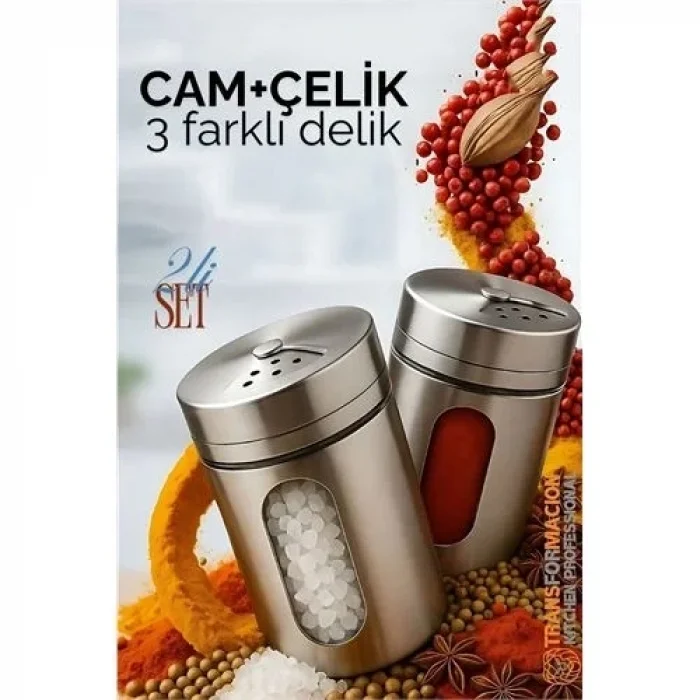 Cam+çelik Tuzluk Biberlik Karabiberlik 3 Farklı Delikli 2 Li Set 721944