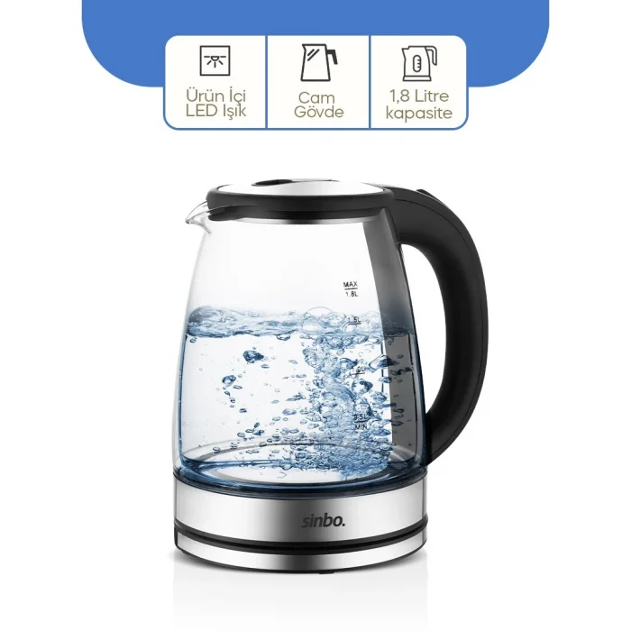 CAM - LEDLİ KETTLE 1.8LT  GİZLİ REZİSTANS - KABLOSUZ 360 DERECE GÖVDE 1500W SK-8033 (5047)