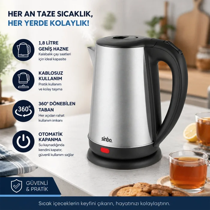 ÇELİK KETTLE SU ISITICISI KABLOSUZ KULLANIM 1.8LT 360 DERECE DÖNEBİLME OTOMATİK KAPANMA SK-8026 (5047)