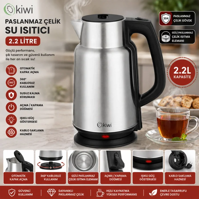 ÇELİK - SÜRAHİ MODEL KETTLE ELEKTRİKLİ SU ISITICISI PASLANMAZ ÇELİK GİZLİ REZİSTANS 360° 2.2LT 1500W KK-3334 (5047)