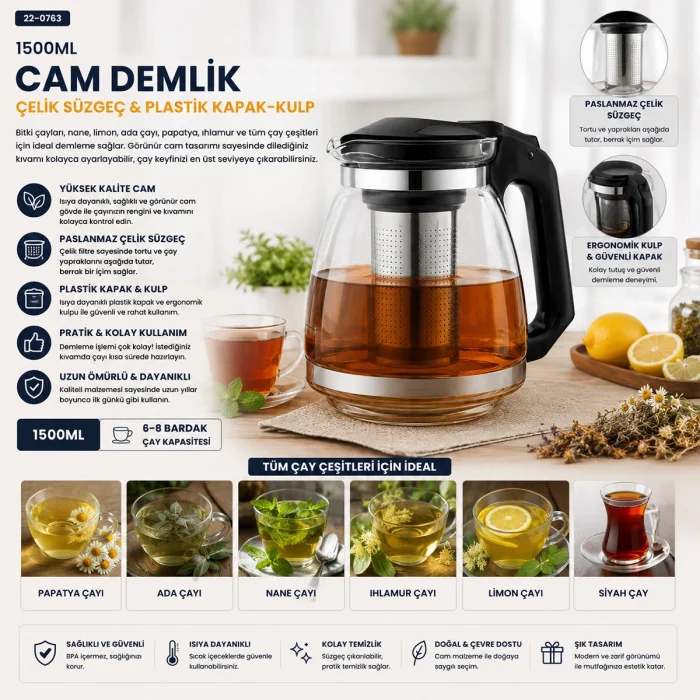 ÇELİK SÜZGEÇLİ CAM DEMLİK 1500ML (5047)