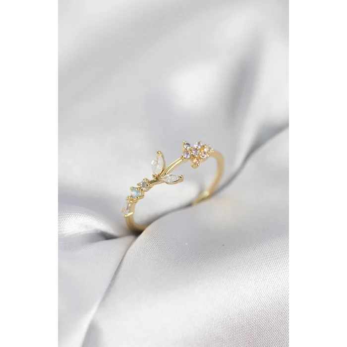 Çiçek Model Zirkon Taşlı Gold Renk Kadın Yüzük