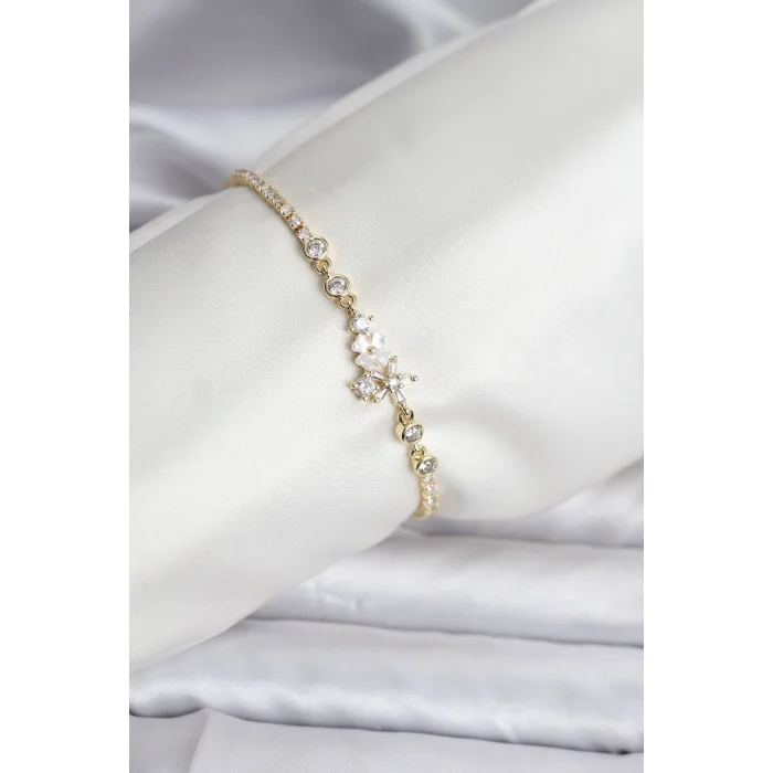 Çiçekli Model Zirkon Taşlı Gold Renk Su Yolu Kadın Bileklik