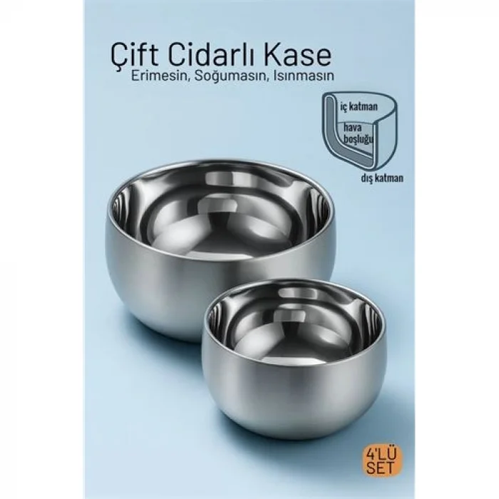 Çift Cidarlı Isı Yalıtımlı 4lü Lüks Kase Seti (16cm & 18cm) Premium 304 Paslanmaz Çelik