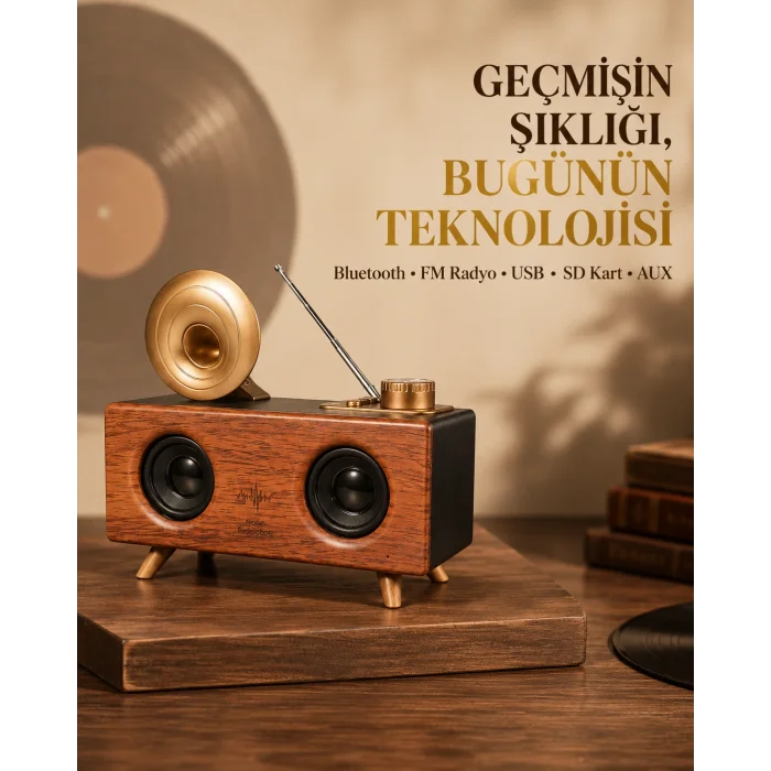 Çift Hoparlörlü Retro Bluetooth Speaker 1800mAh Bataryalı AUX USB SD Kartlı