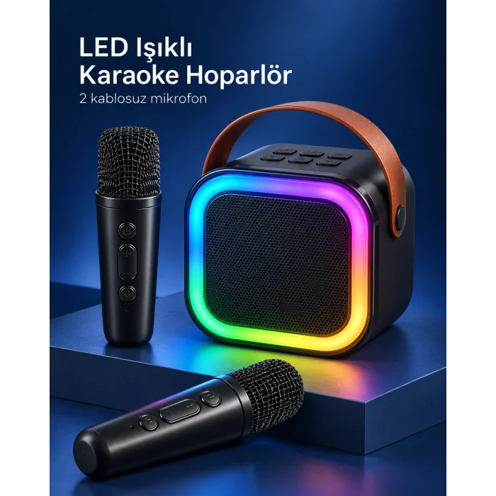 Çift Kablosuz Mikrofonlu LED Işıklı Bluetooth Karaoke Hoparlör Seti