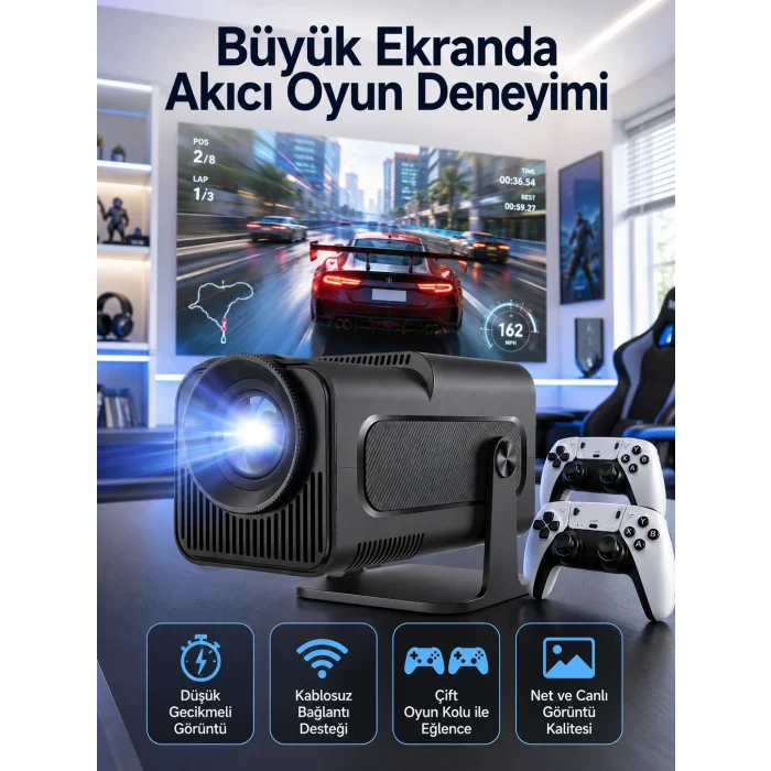Çift Kollu Game Box Projeksiyon Cihazı Kumandalı Android Tv Dahili Hoparlör