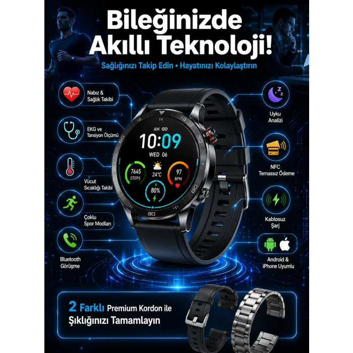 Çift Kordonlu Yüksek Çözünürlüklü Akıllı Saat Uyku İzleyici & Spor Modları