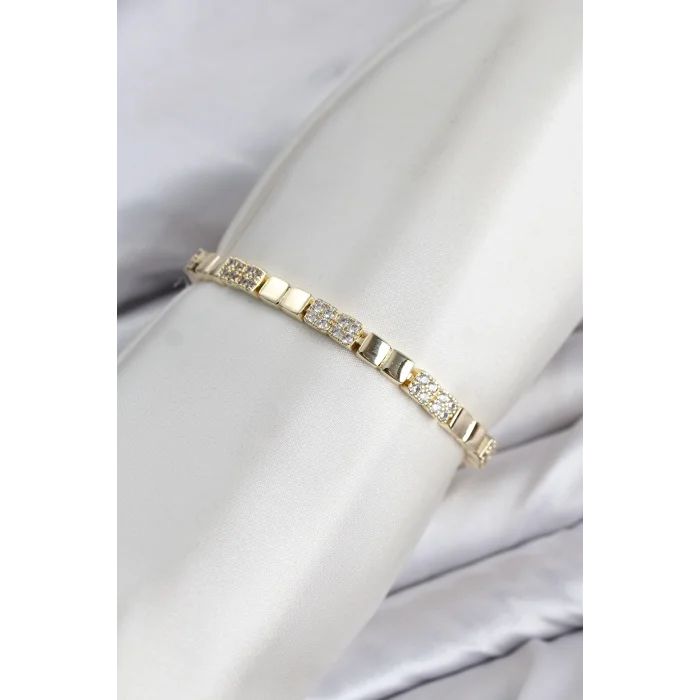 CM Kare Model Zirkon Taşlı VIP Seri Gold Renk Pirinç Kadın Bileklik