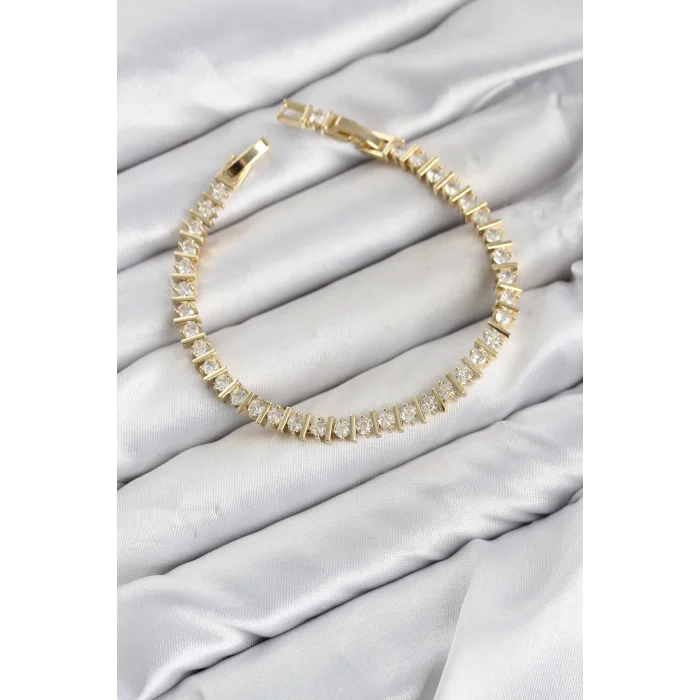 CM Şerit Model Zirkon Taşlı VIP Seri Gold Renk Pirinç Kadın Bileklik