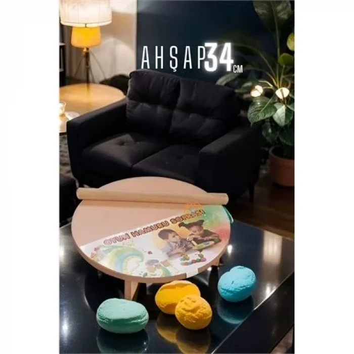 Çocuk 34 Cm Ahşap Hamur Açma Masası Mini Oklava İle Oyun Hamuru Tahtası 714536
