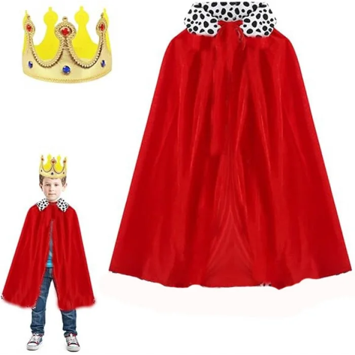 Çocuk Boy Kral Pelerini 90 cm ve Yumuşak Eva Kral Tacı Altın Renk (5047)