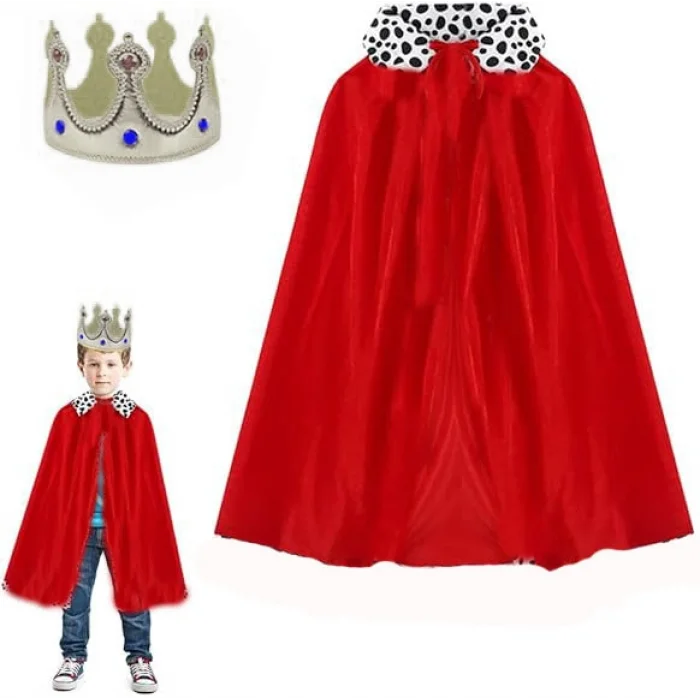 Çocuk Boy Kral Pelerini 90 cm ve Yumuşak Eva Kral Tacı Gümüş Renk (5047)