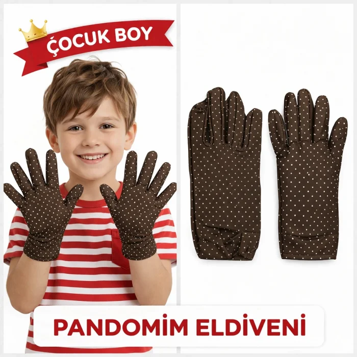 Çocuk Boy Pandomim Eldiveni Beyaz Puantiyeli Kahve Renk Gösteri Eldiveni 23 Nisan 19 Mayıs (5047)