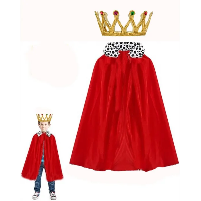 Çocuk Kral Pelerini 90 cm ve Altın Renk Kral Taç Seti (5047)