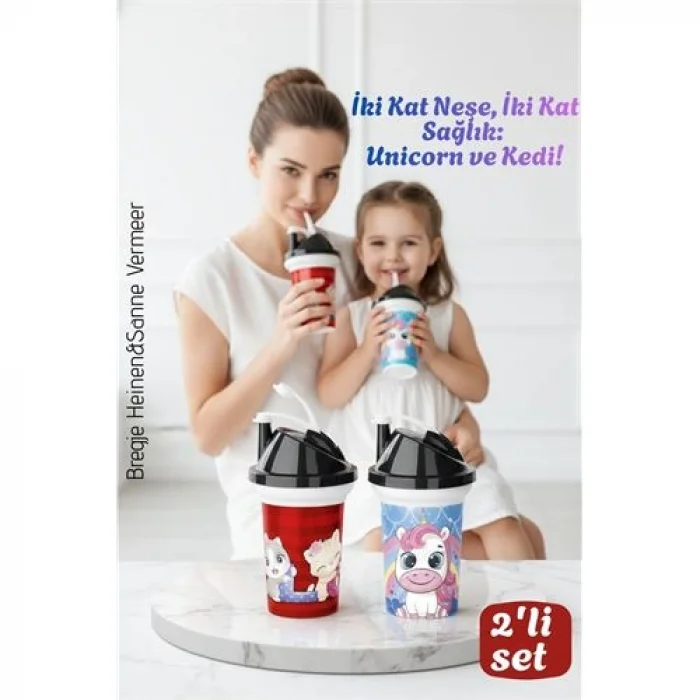 Çocuk Pipetli Bardak Seti 2li Unicorn & Kedi Figürlü İkili Eğlenceli Kapaklı Suluk Matara 300 ml