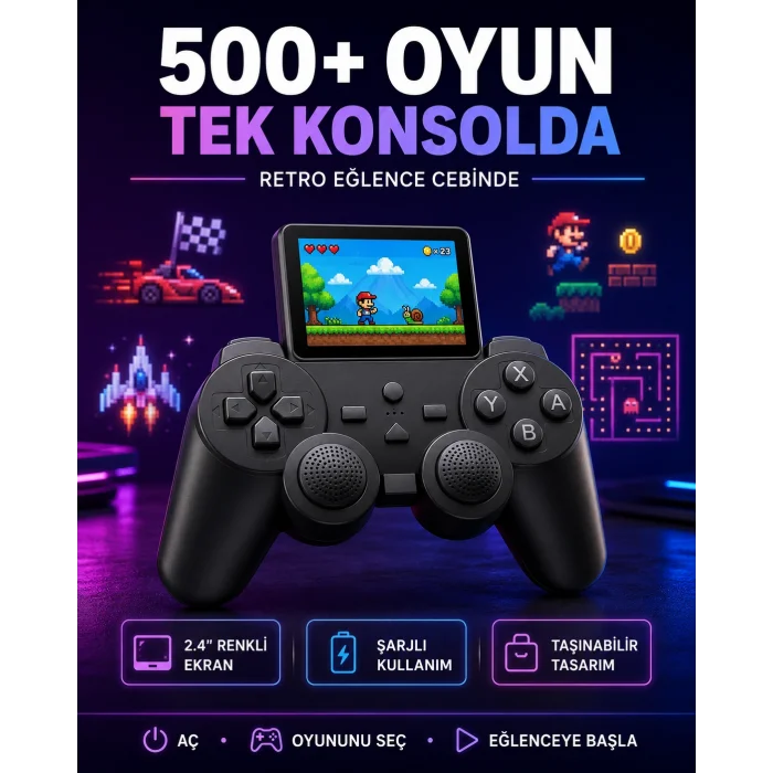 Çocuklar ve Yetişkinler İçin Uygun 500 Oyunlu Taşınabilir Mini Retro El Konsolu