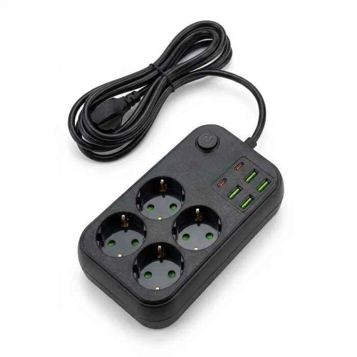 Çoklu Priz Uzatma Kablosu 4 Soket + 4 USB + 2 Type-C – Termal Akım Korumalı, Isıya Dayanıklı, Çocuk Korumalı Güvenli Priz 100-250V (5047)