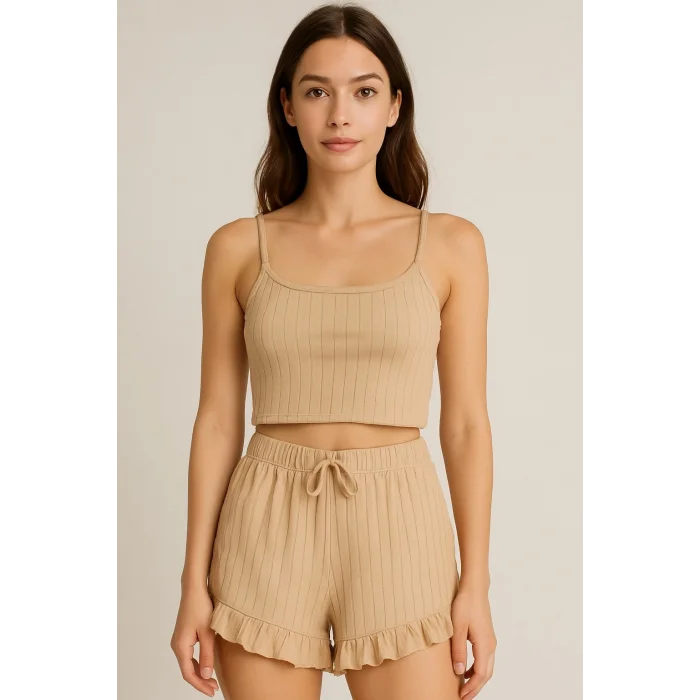 Crop Takım - Askılı Crop Takım Likralı Bej (XL)