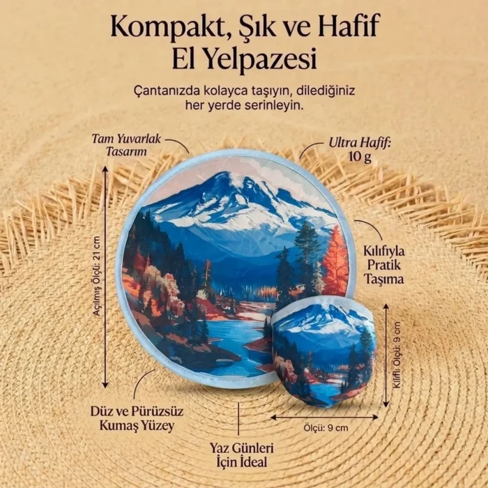 Dağ Manzaralı Katlanabilir Cep Yelpazesi - Kılıflı Yuvarlak Kumaş El Yelpazesi (5047)